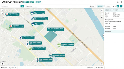 Clean modern interactive map preview interface showing a land plot in Sector 150 Noida surrounded by categorized nearby facility markers such as hospital icon, school icon, metro line symbol, expressway road, with clean teal accents, light cartographic aerial map view, high UI fidelity